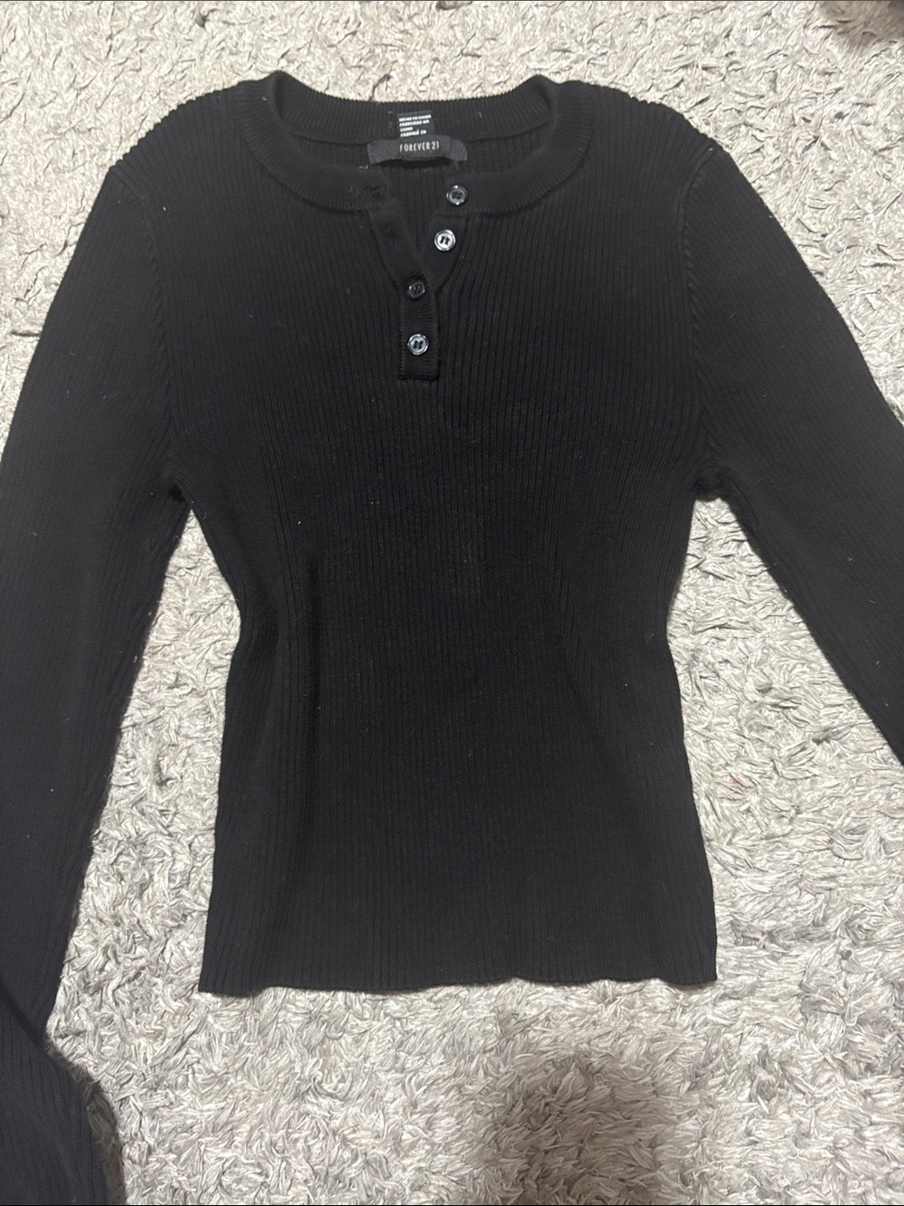 Forever 21 Black Ribbed Henley Long Sleeve Top - Button Front